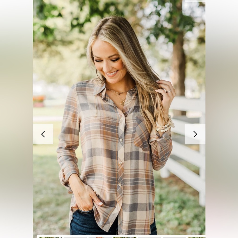 Pulse Botique Becool DOWN PLAID TOP OATMEAL, GREY, & CAMEL SzL EUC